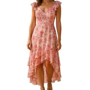 Lulu' Pink Floral Ruffle Maxi Dress Size M High-Low Hem Romantic Garden Style